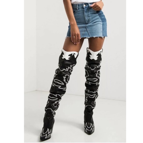 Black and white over the knee western slouchy boot - Picture 3 of 8